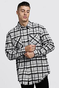 Boohoo Oversized Long Sleeve Check Shirt With Raw Hem
