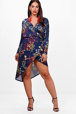 Boohoo Plus Ellie Oriental Wrap Slinky Dress