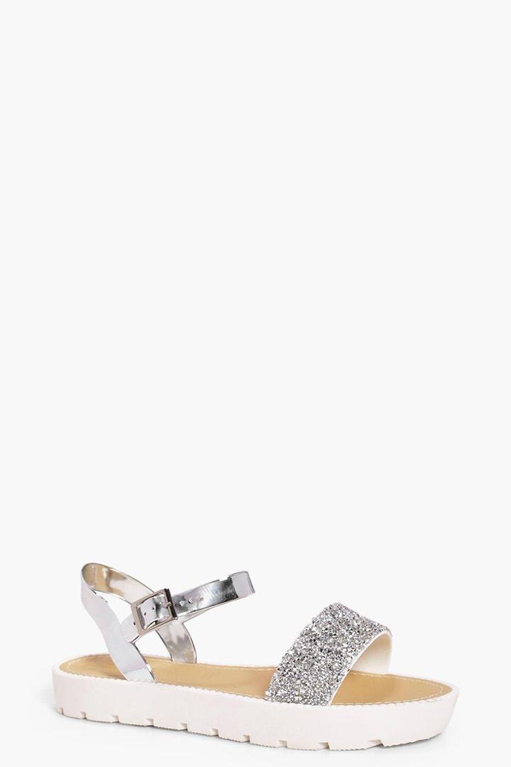 Boohoo Lola Caviar Bead Cleated Sandal Silver