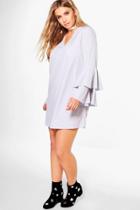 Boohoo Plus Sheena Frill Sleeve V Neck Shift Dress Grey