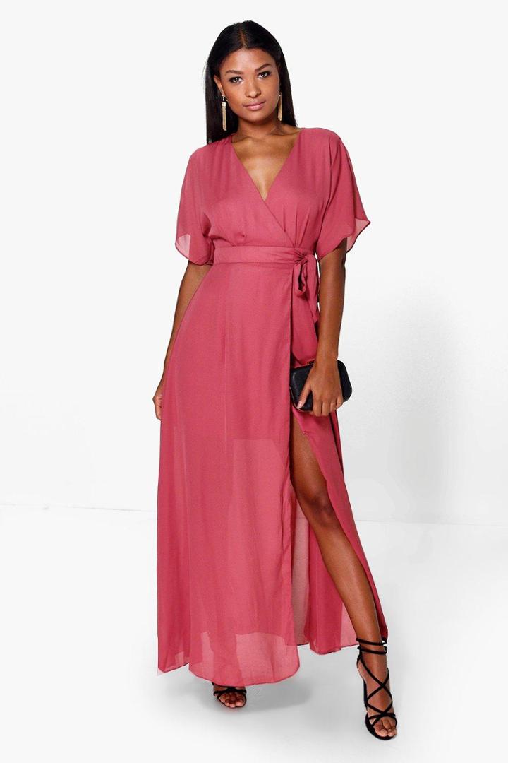 Boohoo Milly Chiffon Kimono Sleeve Wrap Maxi Dress Rose