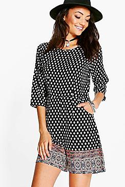 Boohoo Tall Marie Border Print Woven Playsuit