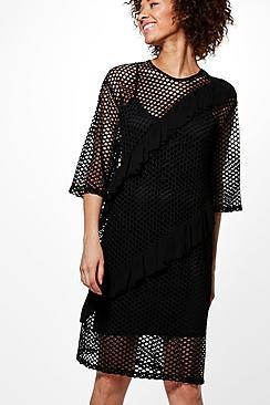 Boohoo Rachel Ruffle Detail Mesh Shift Dress
