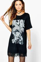 Boohoo Soph Metal Printed Band Lace Trim Tee Dress Black