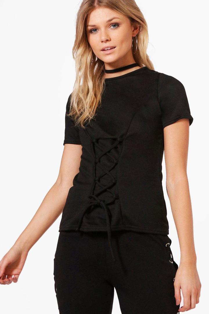 Boohoo Petite Lorna Corset Detail Tee Black