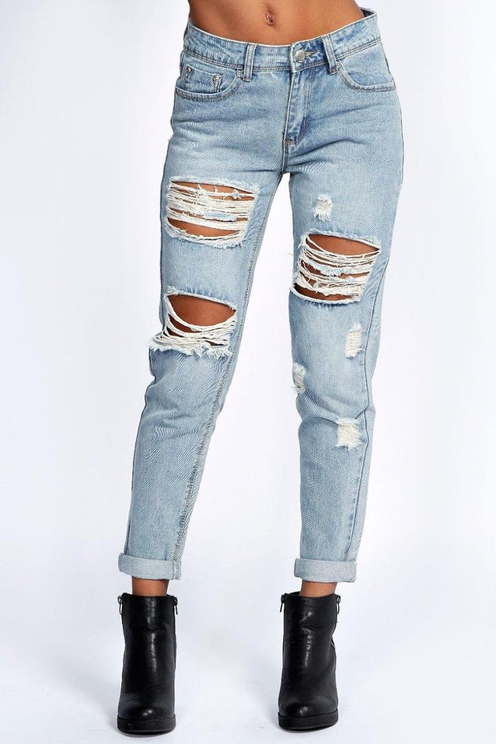 Boohoo Gemma All Over Ripped 7/8th Jeans Blue