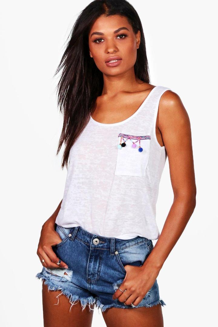 Boohoo Iris Pom Pom Pocket Jersey Beach Tank Top White