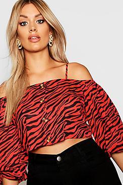 Boohoo Plus Zebra Horn Button Off Shoulder Top