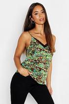 Boohoo Green Snake Lace Trim Woven Cami Top