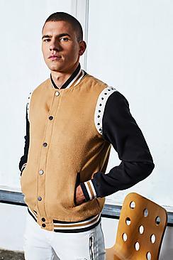Boohoo Dele Stud Detailing Wool Look Bomber Jacket