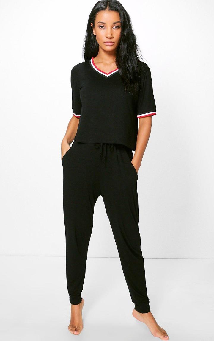 Boohoo Eve Sports Rib T Shirt + Jogger Black