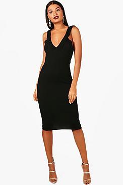 Boohoo Frill Strappy Plunge Midi Dress