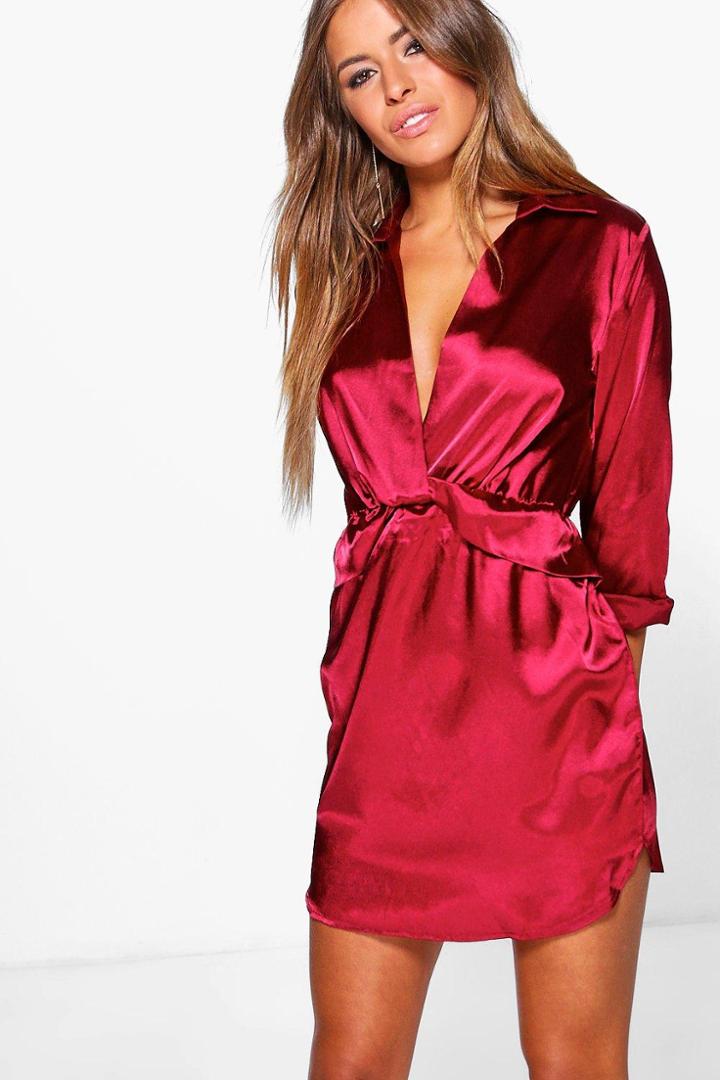 Boohoo Petite Clara Knot Front Satin Shirt Dress Merlot