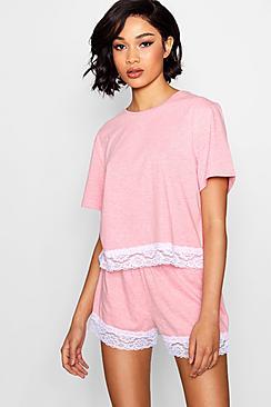 Boohoo Zoe Lace Trim Marl Short Set