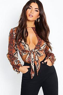 Boohoo Snake Tie Front Ruffle Cuff Crop