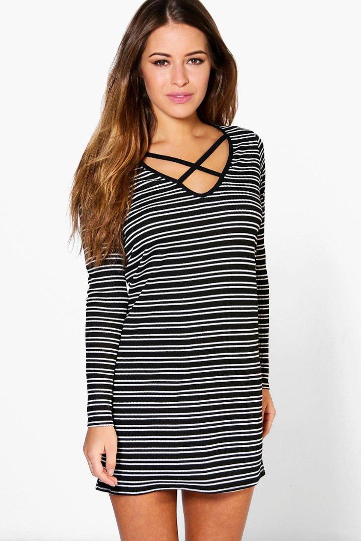 Boohoo Petite Caitlin Cross Front Stripe Bodycon Dress Black