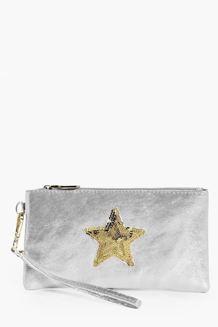 Boohoo Lilly Star Badge Metallic Purse Silver