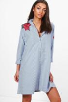 Boohoo Tall Alicia Embroidered Floral Stripe Shirt Dress Blue