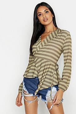 Boohoo Vertical Stripe Tie Wrap Ruffle Long Sleeve Blouse