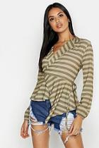 Boohoo Vertical Stripe Tie Wrap Ruffle Long Sleeve Blouse