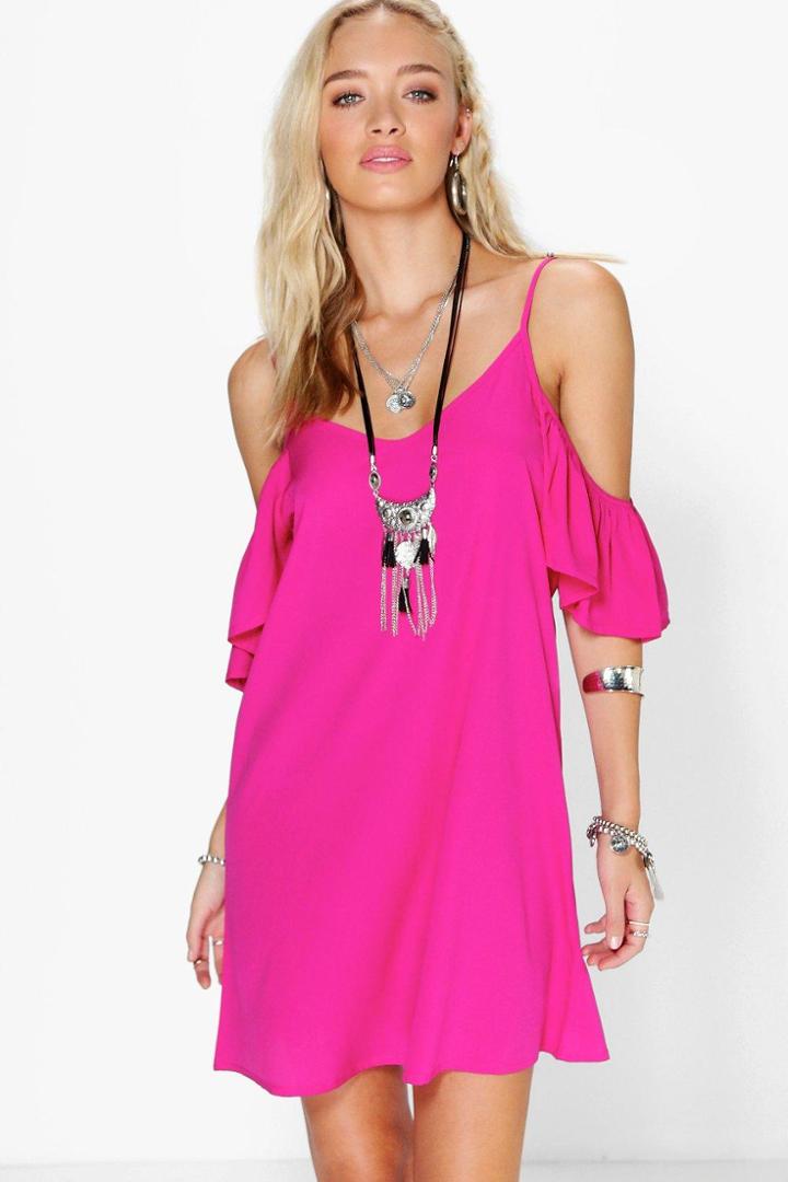 Boohoo Mona Frill Detail Open Shoulder Shift Dress Raspberry