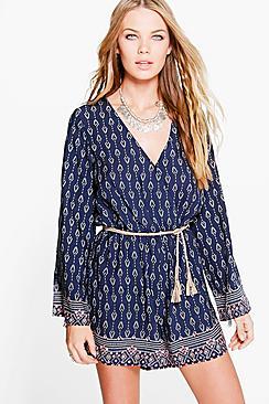 Boohoo Mia Border Print Flare Sleeve Playsuit