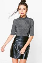 Boohoo Amy Metallic Roll Neck Top Black