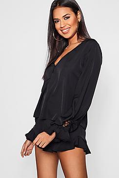 Boohoo Isla Crochet Cuff Detail Woven Top