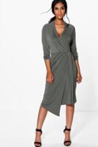 Boohoo Alicia Long Sleeve Wrap Front Midi Dress Khaki