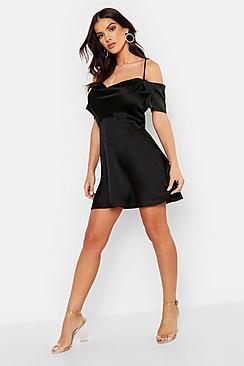 Boohoo Satin Cold Shoulder Skater Dress