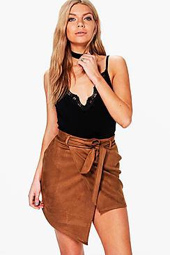 Boohoo Valentia Wrap Front Bonded Suedette Mini Skirt