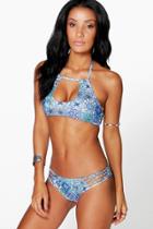 Boohoo Beziers Halter Cut Out Tile Print Bikini Multi