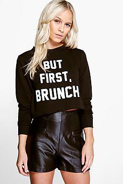 Boohoo Petite Holly Raw Edge Slogan Crop Sweat