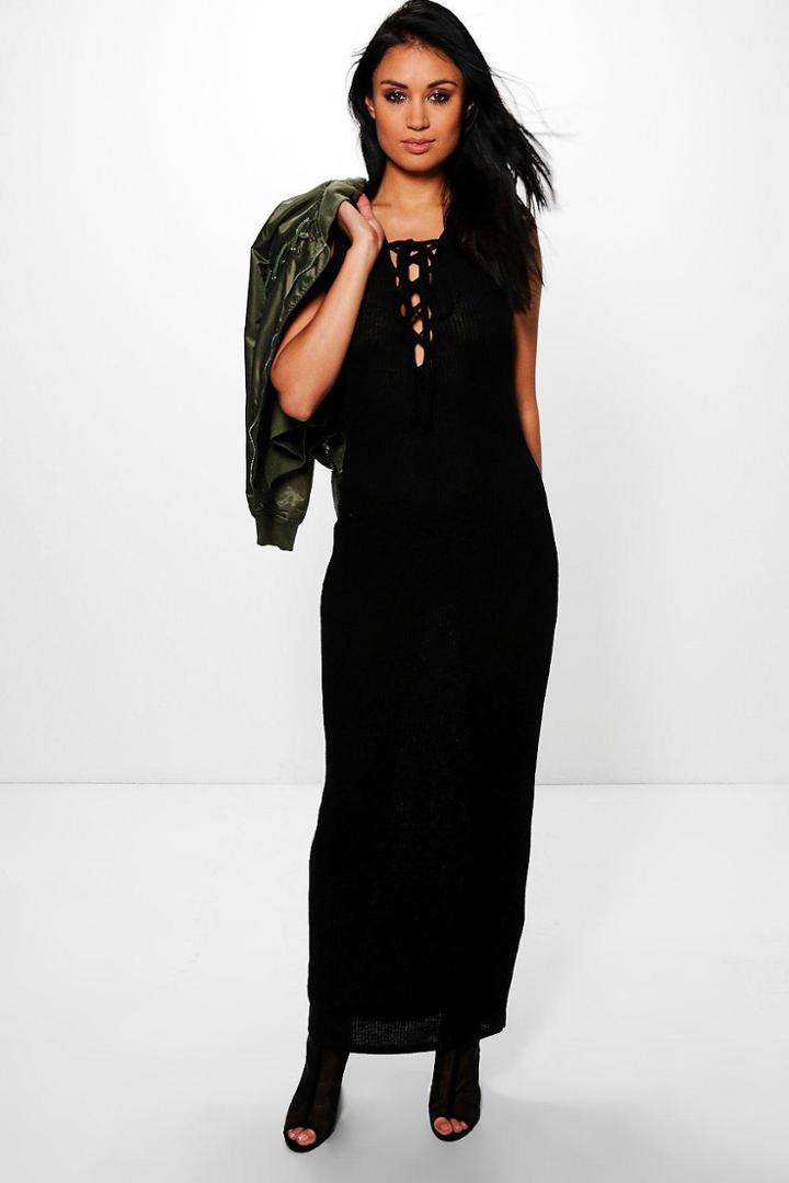 Boohoo Tina Lace Up Front Plunge Maxi Dress Black