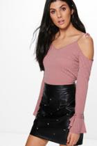 Boohoo Lauren Lace Up Shoulder Rib Knit Jumper Rose