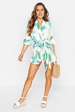 Boohoo Petite Palm Print Ruffle Playsuit