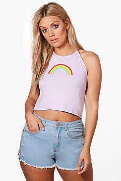 Boohoo Plus Lila Rainbow Print Halterneck Crop Top