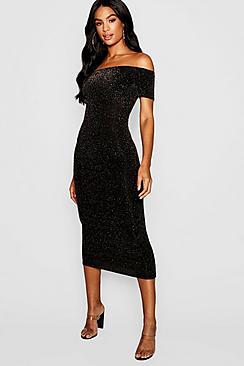 Boohoo Tall Shimmer Off Shoulder Midi Dress
