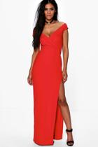 Boohoo Amie Wrap Top Off Shoulder Maxi Dress Red