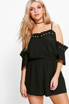 Boohoo Claire Crochet Trim Open Shoulder Playsuit Black