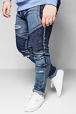 Boohoo Big And Tall Blue Skinny Fit Ripped Biker Jeans