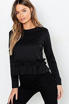 Boohoo Long Sleeve Ruffle Trim Top