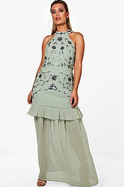 Boohoo Plus Lindsey Boutique Halterneck Ruffle Maxi Dress