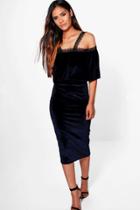 Boohoo Larisa Velvet Crochet Trim Tiered Midi Dress Midnight