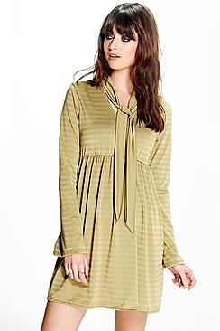 Boohoo Carrie Shimmer Stripe Smock Tie Neck Dress