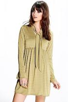 Boohoo Carrie Shimmer Stripe Smock Tie Neck Dress