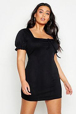 Boohoo Plus Puff Sleeve Rib Square Neck Mini Dress