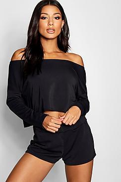Boohoo Loopback Slash Neck Lounge Short Set