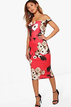 Boohoo Livvy Floral Off The Shoulder Midi Dress