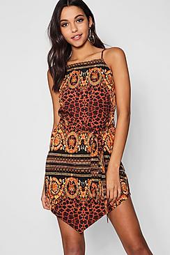 Boohoo Sonia Scarf Print Dipped Hem Belted Shift Dress